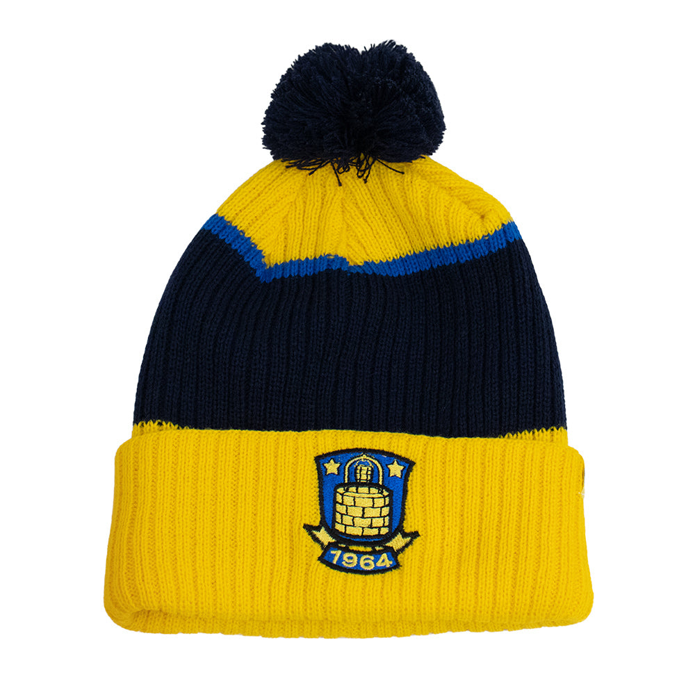 Tophue – Strik gul/navy/blå m. logo