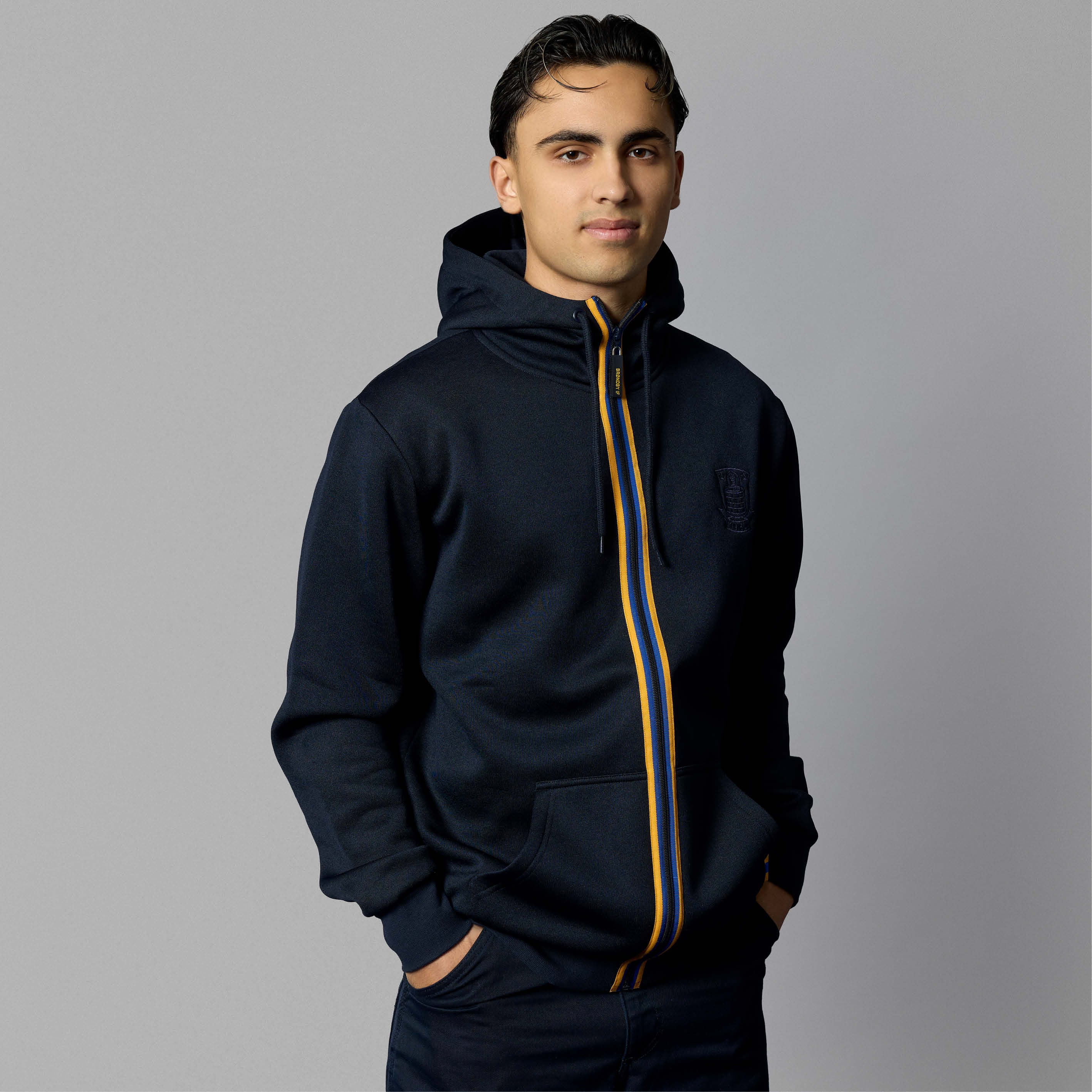 Hættetrøje m. lynlås Navy m. Striber